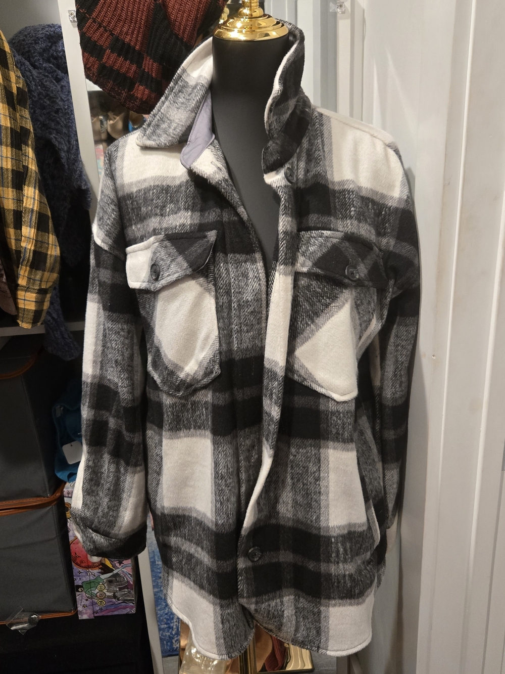 SO Black & White Plaid Teddy Shacket Jacket